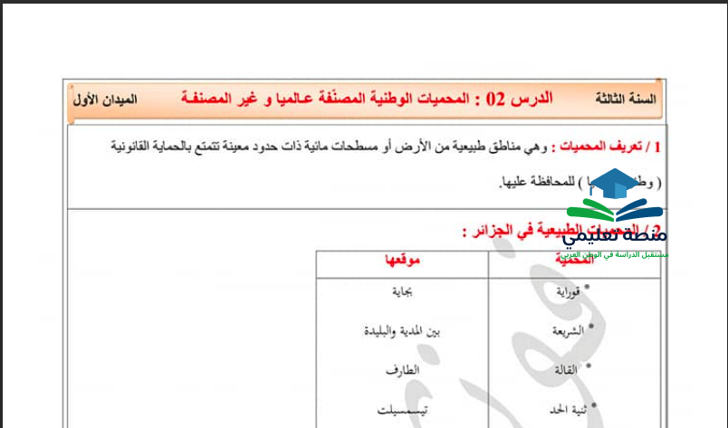 تحضير درس المحميات الوطنية المصنفة عالميا والغير المصنفة للسنة الثالثة متوسط