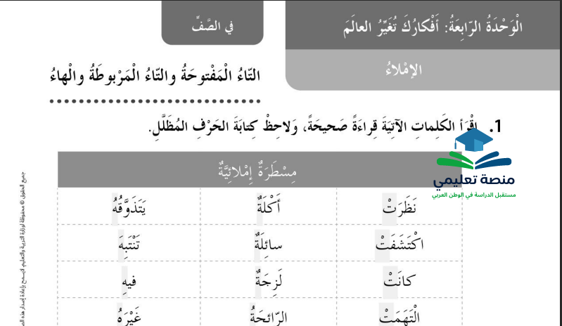 حل درس التاء المربوطة والتاء المفتوحة والهاء للصف الثاني المنهاج الاماراتي