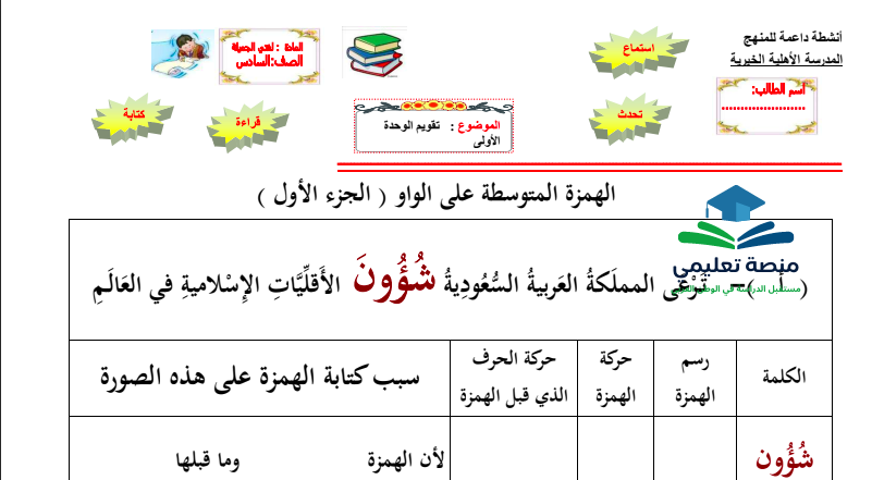 حل درس الهمزة المتوسطة على الواو للصف السادس المنهاج الاماراتي